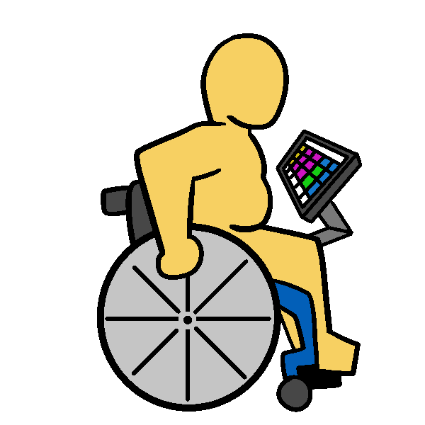 A yellow fat person pushing a blue manual wheelchair. They have an AAC device on a stand.